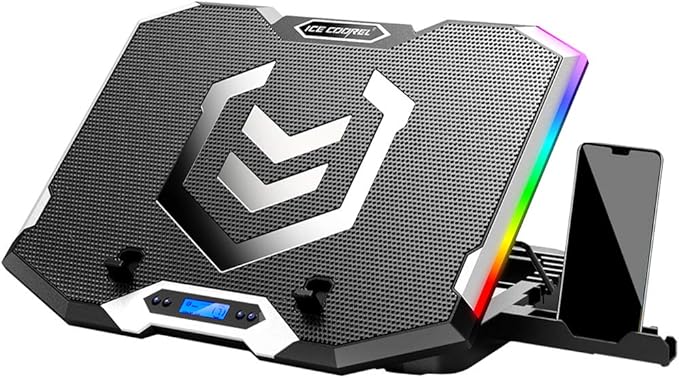 ICE COOREL Gaming Laptop Cooling Pad 15-17.3 Inch, Laptop Fan with 6 RGB Cooling Fans, Laptop Cooling Stand with 6 Height Adjustable, Laptop Cooler with LCD Screen, 2 USB Ports, Phone Stand