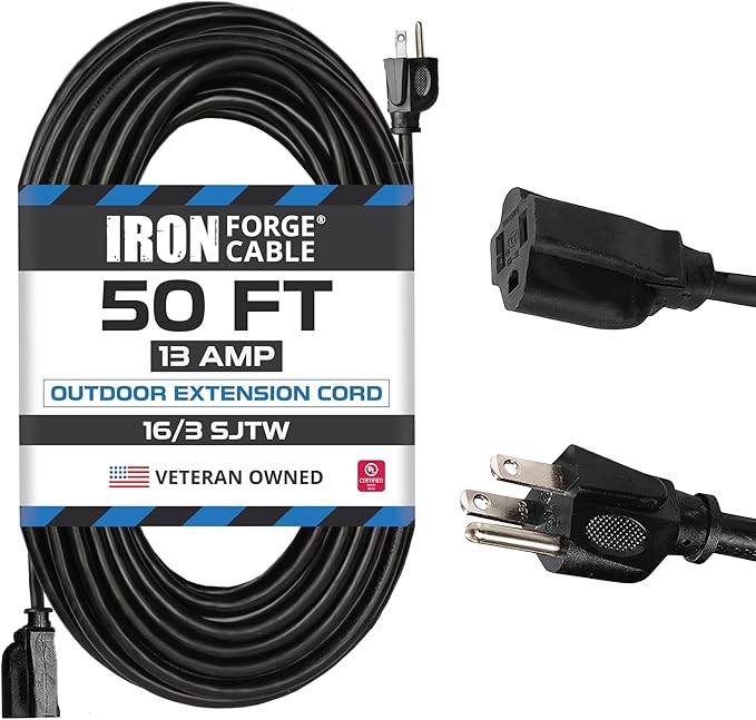 Iron Forge Cable 50 Ft Black Outdoor Extension Cord, 16/3, 50 Foot Outdoor Extension Cord, 3 Prong, Weatherproof - Great for Outside Use