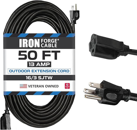 Iron Forge Cable 50 Ft Black Outdoor Extension Cord, 16/3, 50 Foot Outdoor Extension Cord, 3 Prong, Weatherproof - Great for Outside Use