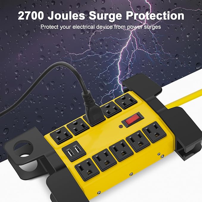 CCCEI Heavy Duty Power Strip with USB Ports, Garage 10 Outlets Surge Protector 2700 Joules, Industrial Workshop Metal 15Amp Multiple Outlets, 6 FT Extension Cord and Wide Spaced Yellow.