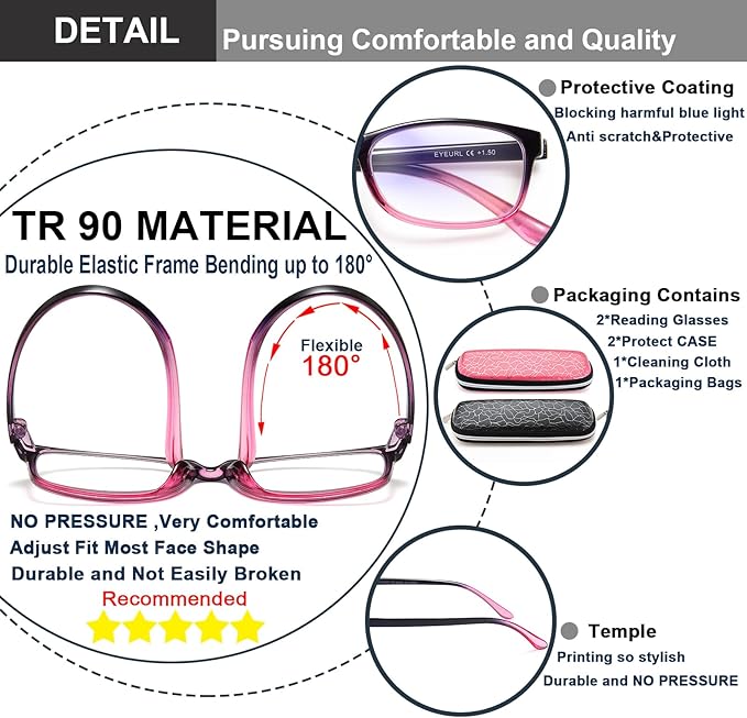EYEURL 2 Pack Reading Glasses Blue Light Blocking Readers for Women-TR90 Lightweight Computer Reading Glasses Stylish Rectangular Frames Eyeglasses+3.5