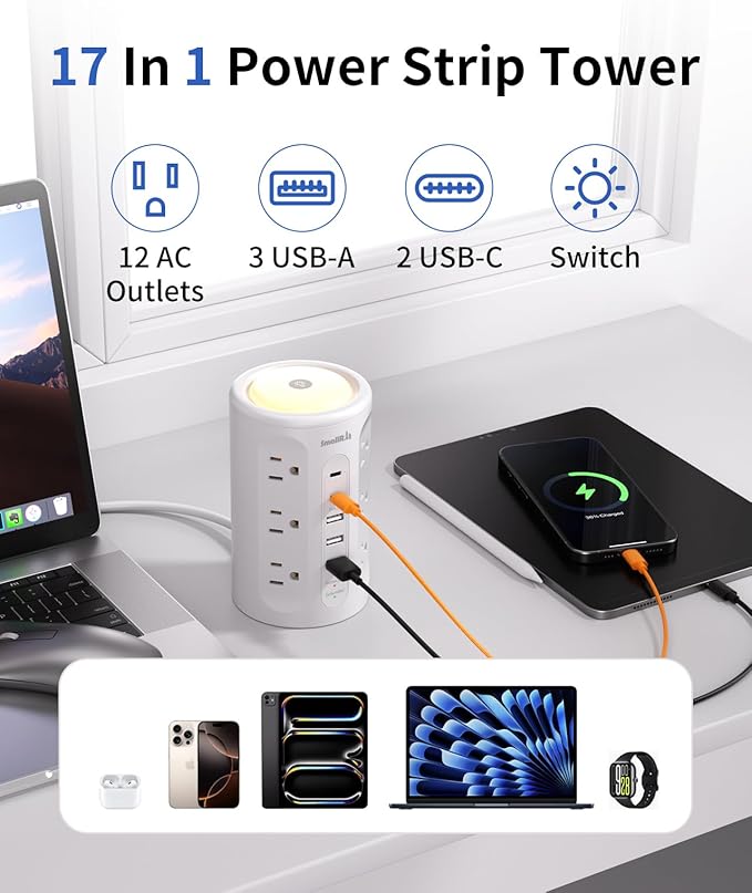 Surge Protector Power Strip Tower with 5 USB Ports and Night Light,10FT Extension Cord with 12 AC Multiple Outlets (White)