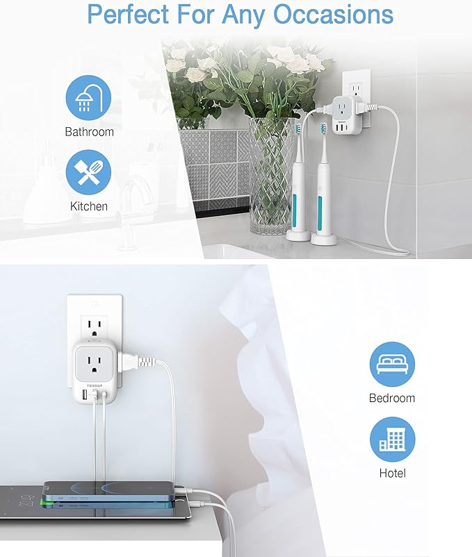USB Wall Charger, Wall Plug Adapter Outlet Extender, TESSAN 3 Charger Block (1 USB C Port), Multi Charging Station for Cruise, Bathroom, Office, Dorm Essentials