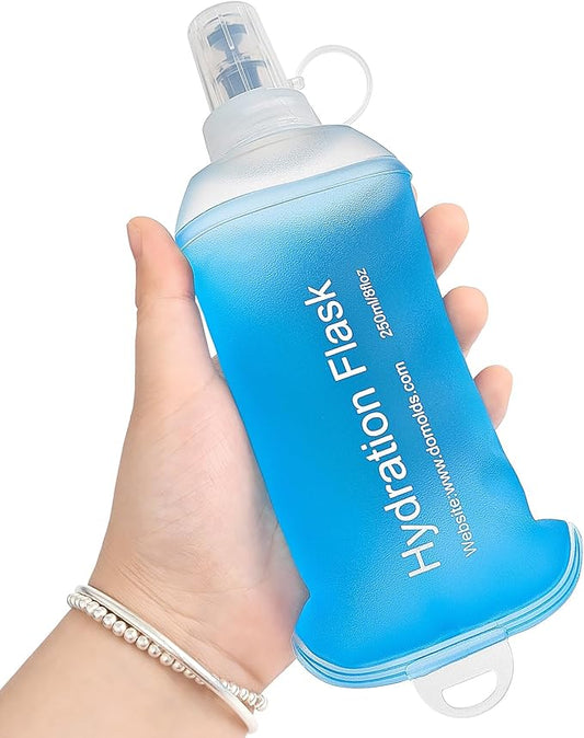 GYGYL Soft Flask, TPU Collapsible Soft Water Bottle for Hydration Pack, Running Vest, Leak-Proof Folding Water Bottle for Hiking Cycling Climbing Jogging-250ml Blue