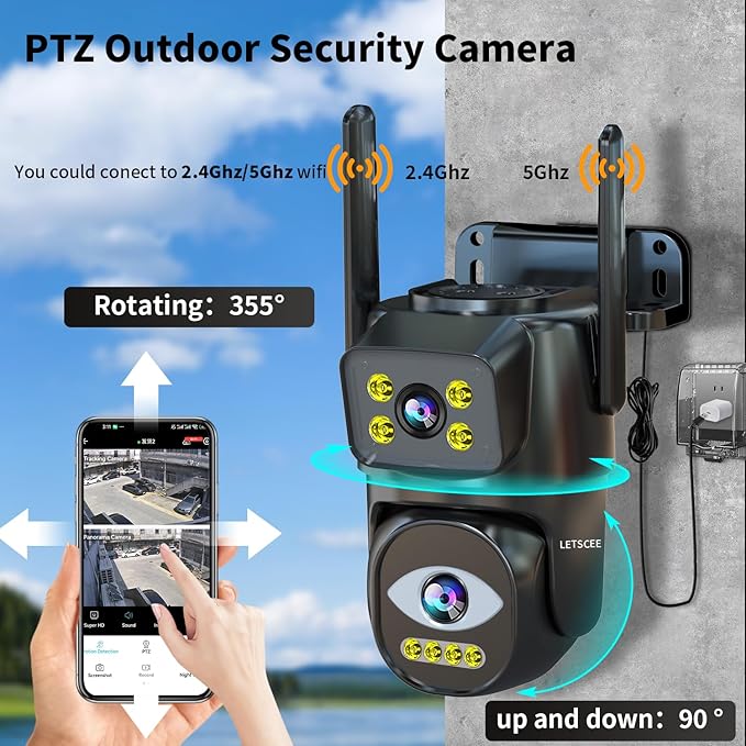 Dual Lens WiFi Security Camera Outdoor, 2.4G/5G PTZ Outdoor Plug-in Camera Auto Tracking,Home Security Surveillance System,WiFi,Night Vision,7/24 Recording