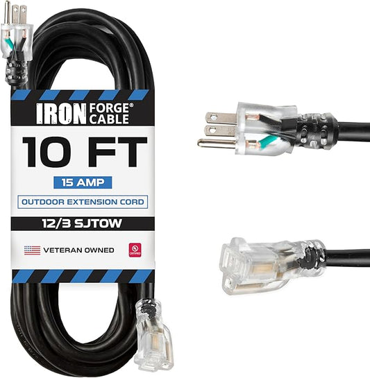 Iron Forge Cable 12 Gauge Outdoor Extension Cord 10 Ft, SJTOW 12/3 Heavy Duty Extension Cord 3 Prong, Oil Resistant & Flame Retardant - Lighted End