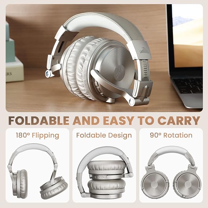 OneOdio Bluetooth Over Ear Headphones, 110 Hrs Wireless/Wired Stereo Sound Foldable Headsets with Deep Bass 50mm Neodymium Drivers for PC/Phone/Tablet - Studio Wireless Pro C, Champagne Gold