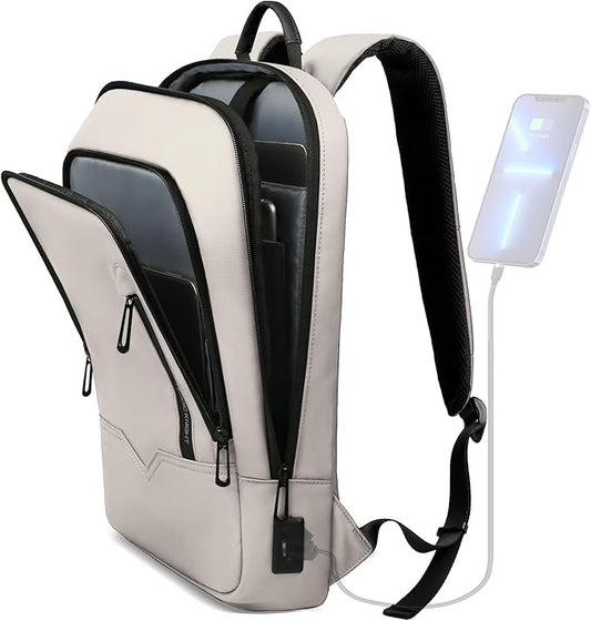 hk Backpack for Men Business Slim Backpack with USB Charger Computer Lightweight Anti-theft Travel (White, 15.6 Inch)
