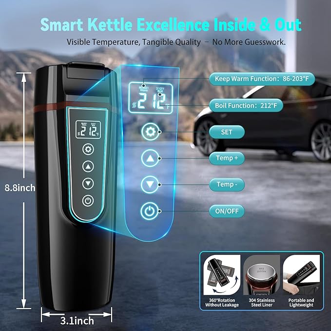 Car Electric Kettle for Travel : FVPE 12V/24V Small Electric Water Kettle, Multi-Temp Control 400 mL Portable Car Water Boiler for Brewing Coffee Tea,LCD Display 304 Stainless Steel Truck Heating Cup