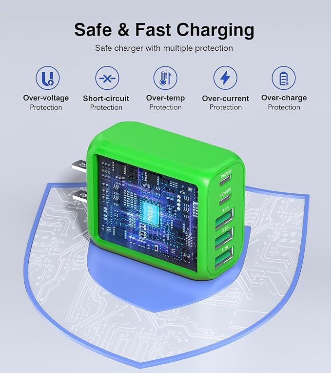 50W USB C Wall Charger Block,5-Port C Charger Fast Charging Block PD Power Adapter +QC 3.0 Multiport Type C Box Charger Cube USB A Wall Plug for iPhone 14/15/16/17 Pro Max Plus,Samsung(Green)(2-Pack)