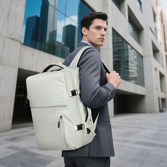 Business Travel Carry on Backpack, Lay Flat Luggage Style Bag with USB C & A, 16-inch Suitcase Capacity, Airline Approved, Beige