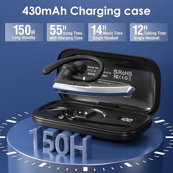 Bluetooth Headset with Microphone, Wireless Earpiece with Charging Case for Cellphones, PC, Single Ear Headset with Mute for Trucker Driver, Remote Work