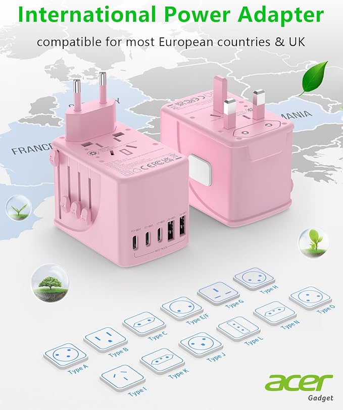 Acer Universal Travel Plug Adapter - International Power Adapter with 5 USB Ports (3 USB C) 5.8A, Worldwide Outlet Charger for USA to European UK France Germany Spain, Type C/E/F/G/I/L/A,Pink