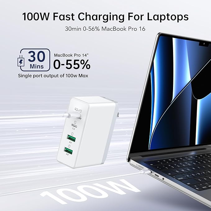 140W Mac Book Pro Charger,4 Port Flat Charging Station for Apple Type c Fast Wall Charger,USB C Port MacBook Pro &MacBook Air Adapter Plug Block for iPhone 16/15/14/13Pro Max, iPad, AirPods 4,Samsung