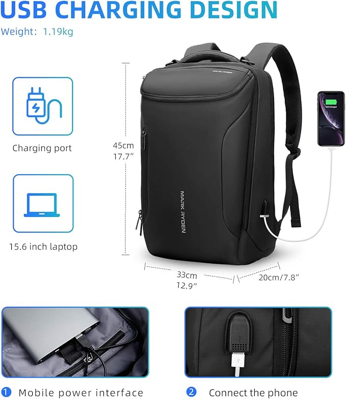 Muzee Business Backpack,Waterproof bag for Travel Flight Fits 17.3Inch Laptop With USB Charging Plug