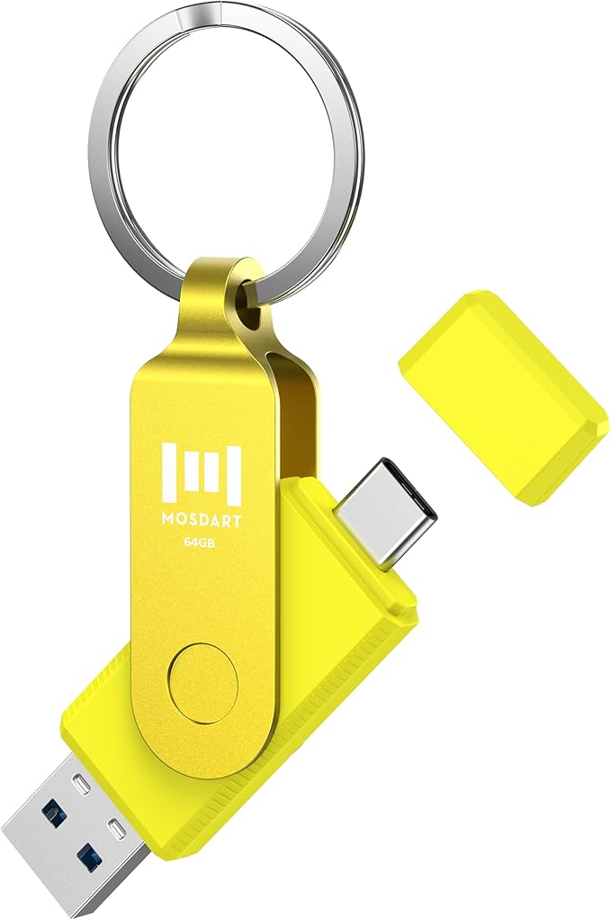 MOSDART 64GB USB3.1 Fast Speed C and A Dual Flash Drive, exFAT Memory Stick with Keychain and LED Indicator, for iPhone 15 and 16, Android Phone, iPad, MacBook, and Other Laptops,Yellow