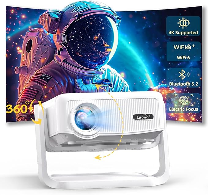Projector with WiFi and Bluetooth,Mini-Projector: [550 ANSI & 360°Adjustable-Stand & Electric Focus & Auto Keystone], Lisowod L02 2025 Upgrade Portable 1080P Outdoor Movie Projector for Phone/TV Stick