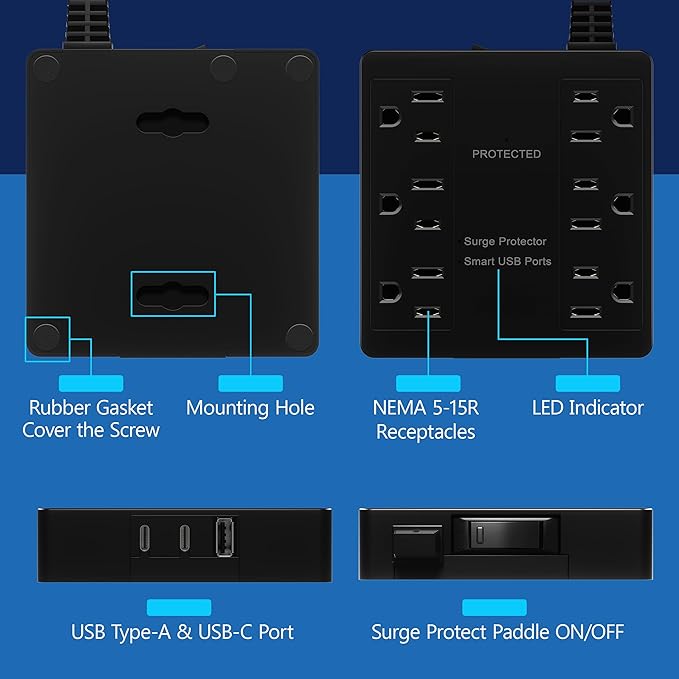 LIDER Outlet Extender with 6 Receptacles, USB-A and 2 USB-C, Ultra-Thin Flat-Plug with Cord Extender, 6-Outlet Power Strip, Slim Angled Design, Surge Protector, 1500 Joules, 5ft Cord, UL-Listed, Black