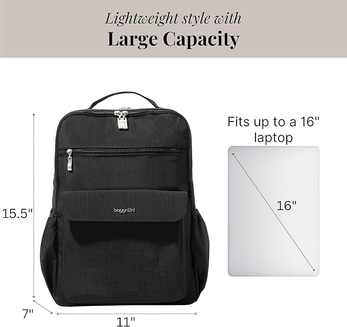 Baggallini Everyday Laptop Backpack - 11x15.5 Lightweight Water-Repellent Nylon Travel Bag w/Padded Laptop Sleeve & RFID