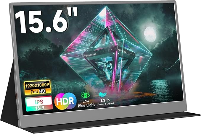 qaf 15.6 Inch Portable Monitor, FHD 1080P USB-C HDMI External Display, 100% sRGB HDR IPS Ultra-Thin Travel Second Screen for Laptop Mac Phone PS5 Xbox Switch, with Smart Cover & Speakers (Space Grey)