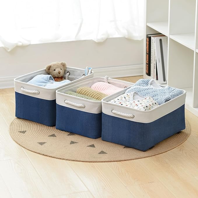 TheWarmHome Collapsible Storage Bin for Shelves - Large 3 Pack 16x12x8 inch Storage Basket for Organizing with Handles, Canves Storage Box for Organizer Toy Closet Cloth Gift (White & Jean Blue)