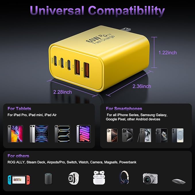 USB C Fast Wall Charger Block, 2Pack 60W USBC Charging Cubes, 5-Port PD+QC Power Adapter Multiport Brick Type C Box Plug for Phone 16/15/14/13/12/11/Pro Max/Plus, Pad Mini/Pro/S25/S24-Yellow