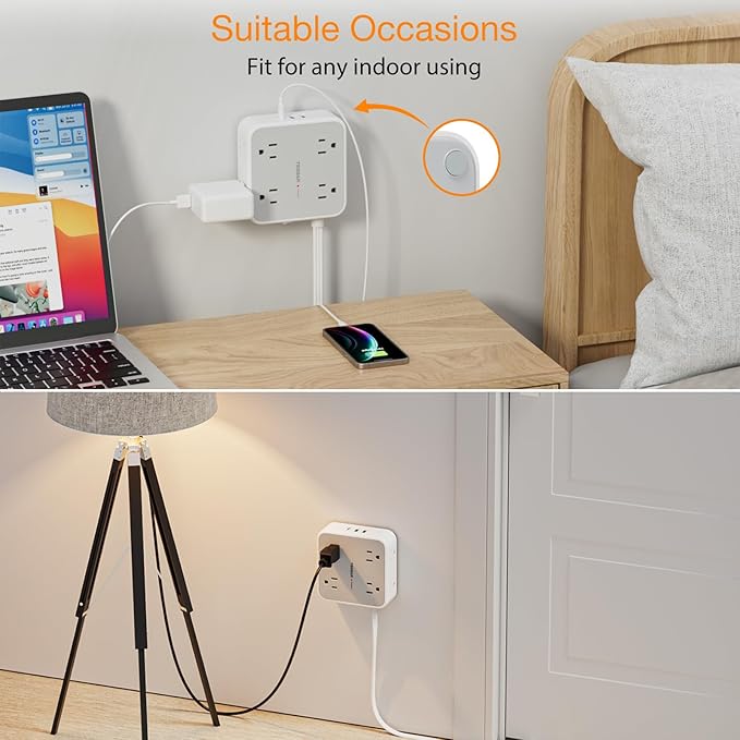 Flat Plug 20 FT Long Extension Cord, TESSAN Ultra Thin Power Strip Surge Protector with 8 AC Outlets, 900J, 3 USB Charger(1 USB C), Multi Port Charging Station for Home, Office, Dorm Room Essentials