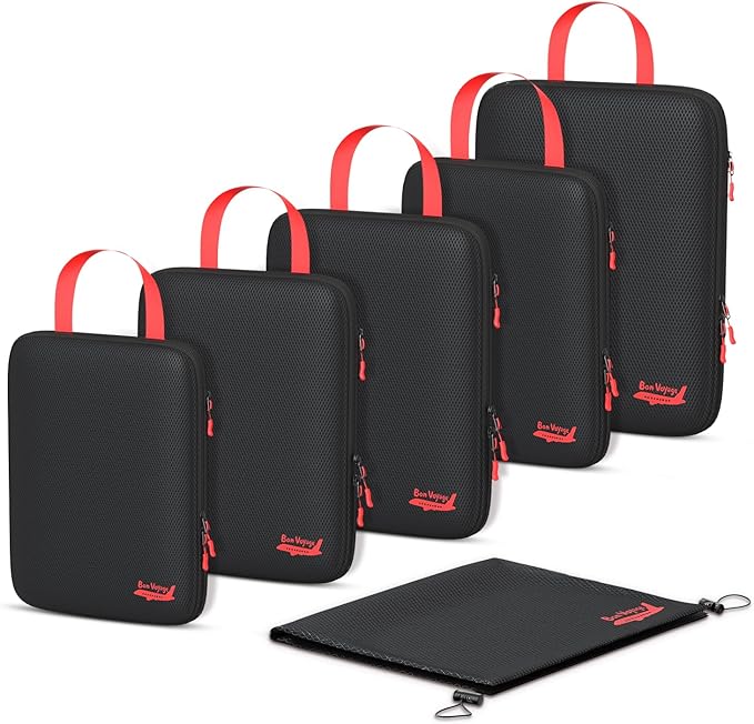 6 Set Compression Packing Cubes for Travel, 3 Sizes (5+1) for Carry-On Travel, Waterproof Compression Packing Cubes Set with Laundry Bag & Luggage Organizer (Black)