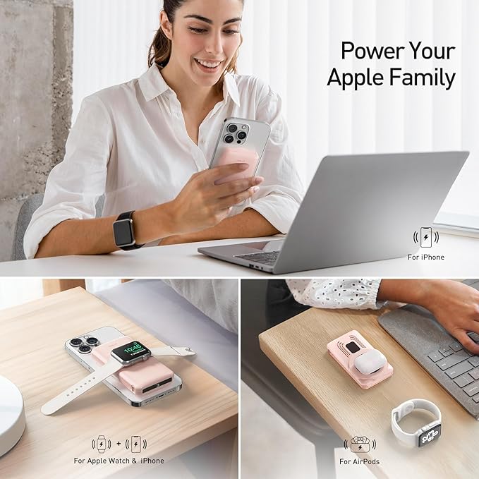 iWALK Magnetic Wireless Power Bank with iWatch Charger,10000mAh PD Fast Charging Portable Charger Compact Battery Pack Compatible with iPhone 17/16/15/14/13/12 Series,Apple Watch Ultra/8/7/6/5/4