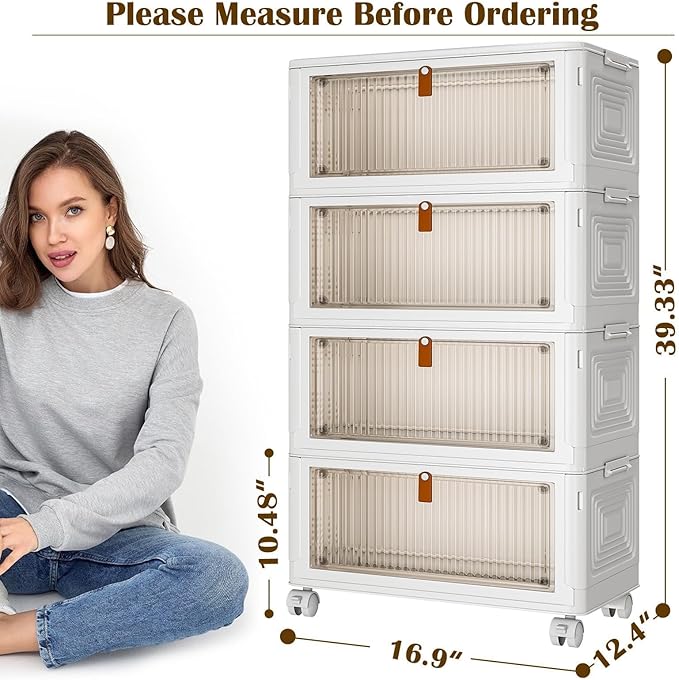 4 Tier Plastic Storage Bins with Lid 23QT, Stackable Storage Containers with Wheels, Folding Boxes, Collapsible Bins, Closet Organizers and for Living Room,Office,Dorm