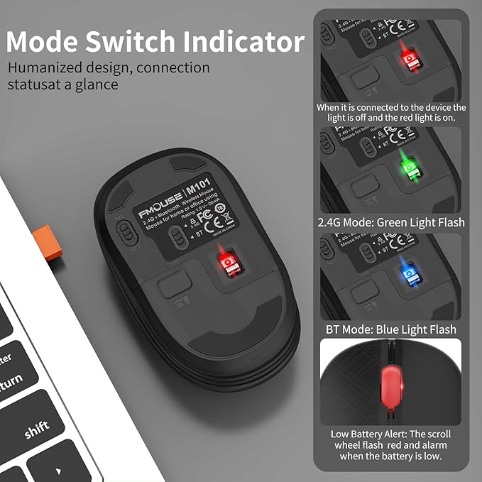 Dual Mode Wireless Mouse: Bluetooth & 2.4GHz USB, Silent Click, Ergonomic for Office & Study, AA Battery (1 Year Life), Portable for Laptop, PC, Mac, iPad, Windows/MacOS/Android (Black)