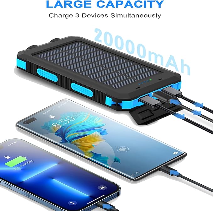 Solar Charger, 20000mAh Portable Type-C Solar Power Bank with 4 Cables, Waterproof Battery Pack, Outdoor External Backup Power Charger Six Outputs/LED Flashlights, Perfect for Camping Travel