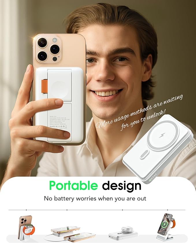 Magnetic Power Bank with MagSafe, 10000mAh Portable Battery Pack for iPhone 17, 5 in 1 Foldable Charging Station with iWatch Charger for i Phone 17/16/15/14&AirPods, Wireless Travel Gift for Men&Women