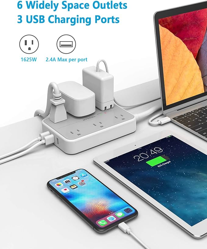 Power Strip Surge Protector Plug, TESSAN 15 FT Extension Cord with Multiple Outlets, 1080J Protection, 6 AC Outlets 3 USB Ports (3 USB A), Wall Mount for Home Office School Dorm Room Supplies