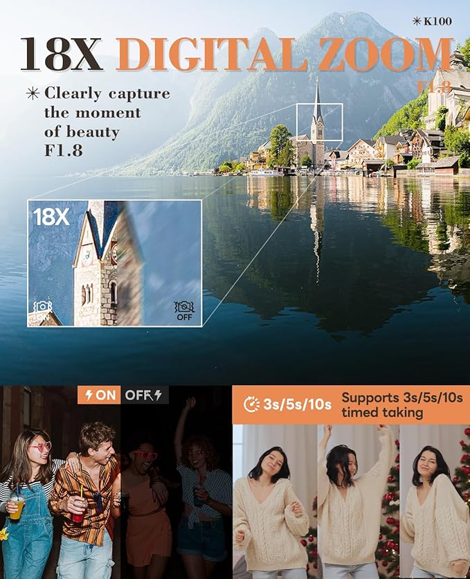 TURE 48MP 4K Digital Camera for Photography & YouTube Vlogging - 18X Zoom UHD Autofocus Video Camera with 3" 180° Flip Screen, 32GB SD Card & 2 Batteries - Compact Travel (Black)