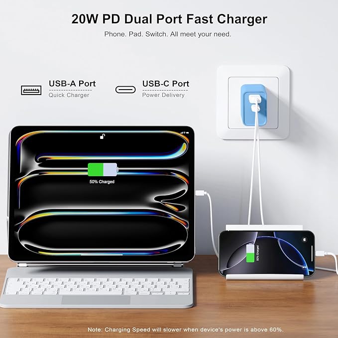 3 Pack Dual Port USB C Charger Block, 20W Power Delivery + QC3.0 USB A Double Port Fast Charging Brick for iPhone 14 15 16 17 Pro Max Plus SE X XS Cube, Quick Charge Plug Adapter (Blue)