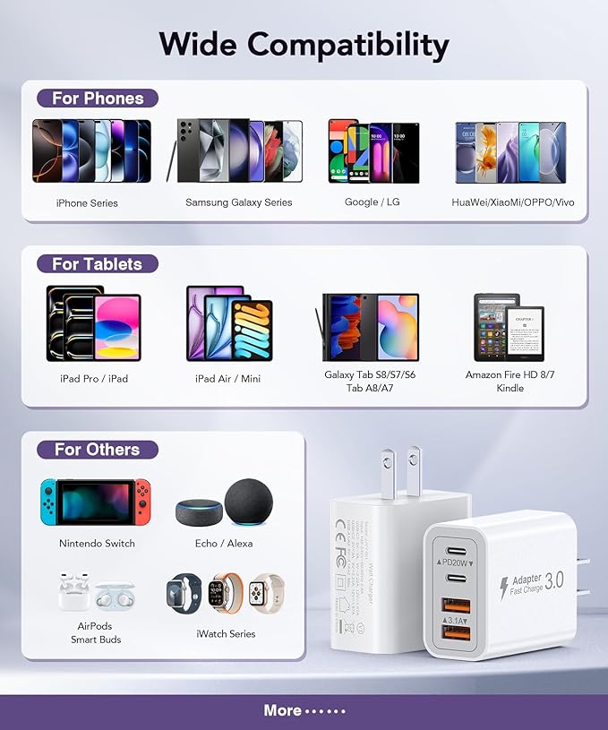 40W USB C Charger Block, 2-Pack 4-Port Type C Fast Charging Brick Dual PD&QC Wall Plug Adapter Compatible for iPhone13/14/15/16/17 Pro/Pro Max/iPad, Airpods, iwatch, Samsung Galaxy