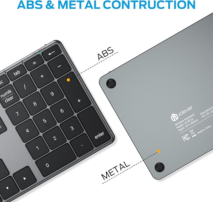 iClever Number Pad, Aluminum Wireless Number Pad for Multi Devices, USB-C Rechargeable, External 34-Keys Bluetooth Keyboard for Data Entry, Compatible for Laptop, Mac, iMac, Tablet, PC Desktop