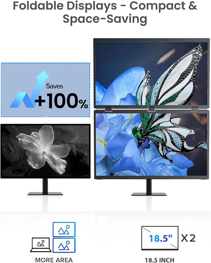 Portable Dual Monitor 18.5" 100Hz FHD 1080P Stacked Monitor, Dual Vertical Displays for Coding/Gaming/Trading, USB-C Mini HDMI Laptop Screen Extender(No Driver Needed)