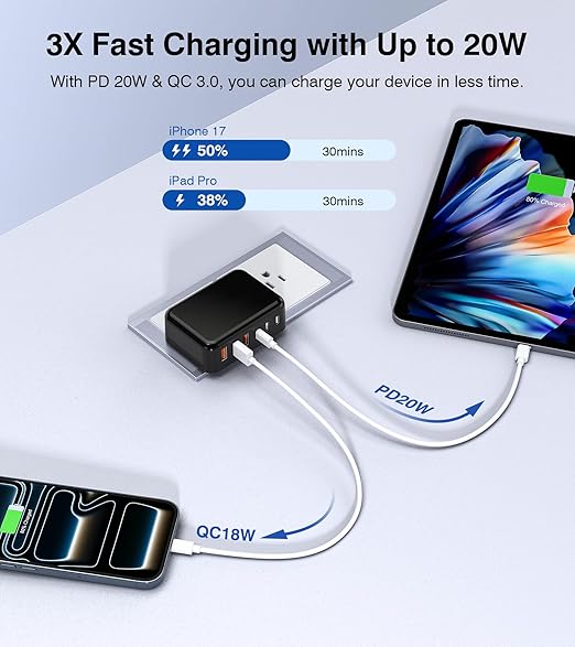 Fast Charger Block, GaN 6 Port USB C Charging Station Hub Cube, 100W Multiport Type C Wall Charger Power Strip Plug with PD 3.0+QC for iPhone 13 14 15 16 17 Pro Max XR XS 8 7, Samsung, iPad, Table