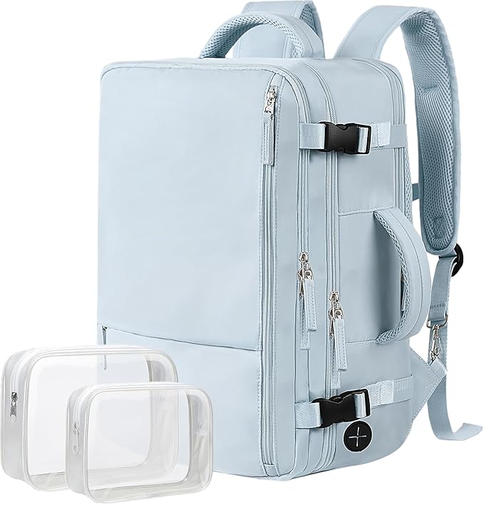 Hanples Large Travel Backpack for Women, 35L Carry on Luggage Backpack,17 Inch Laptop Backpack with USB Charging Port, Waterproof Casual Bag Gift for Men with 2 Toiletry Bags (Light Blue)