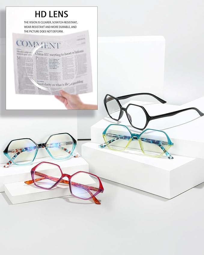 EYEURL Reading Glasses for Women 4-Pack Blue Light Blocking Reading Glasses Vintage Design Diamond-Shaped Frame Spring Hinge Readers Anti Glare Filter Lightweight Eyeglasses,3.5