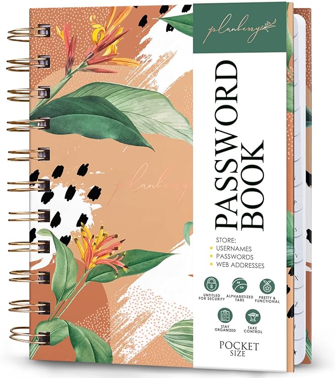 PLANBERRY Password Book Premium – Small Internet Address Organizer with A-Z Tabs – Pocket Website Password Keeper with Alphabetical Tabs – 4.7x5.7″, Hardcover (African Terracotta)