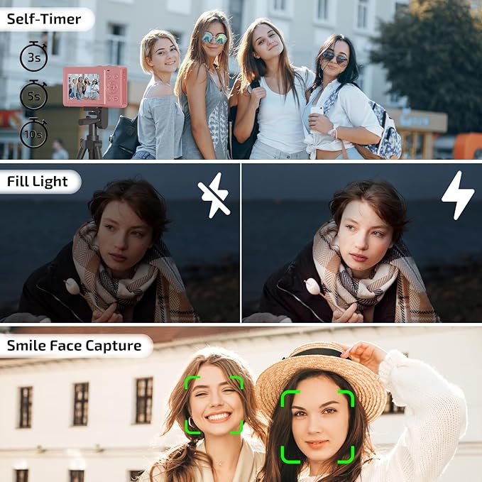 Digital Camera, FHD 4K 44MP Autofocus Point and Shoot Camera with 2.4" LCD 16X Zoom Portable Compact Cheap Camera for Teens Boys Girls Kids Adults (Pink)