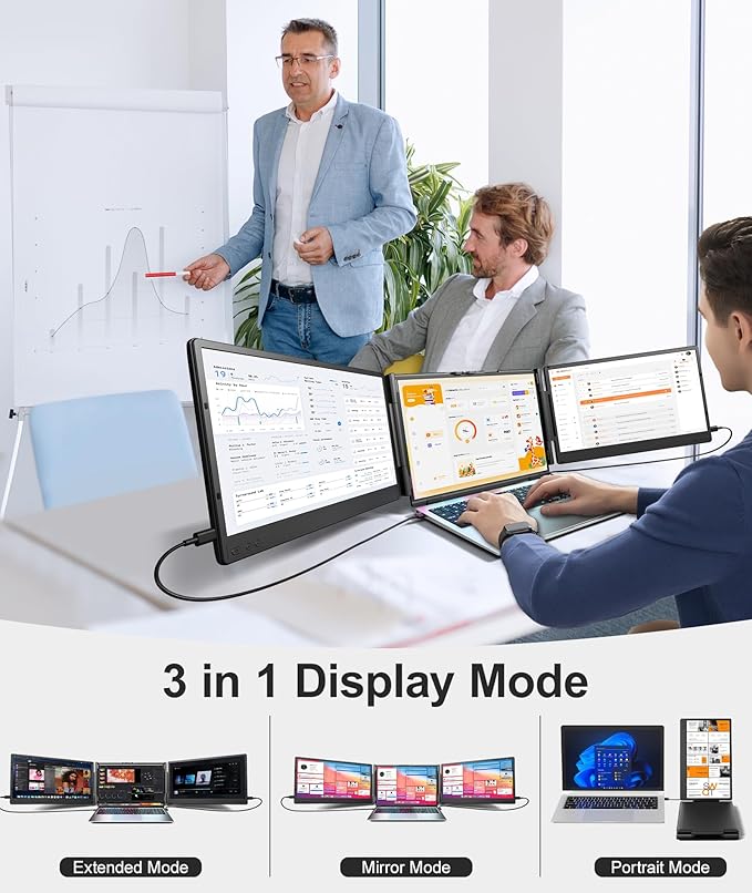 Laptop Screen Extender, 14" FHD 1080P Triple Portable Monitor, Plug & Play Screen Extender, Auto Adjust Width Dual Monitor for 13" - 17" Laptops, Compatible with MacOS/Wins/Chrome/Dex