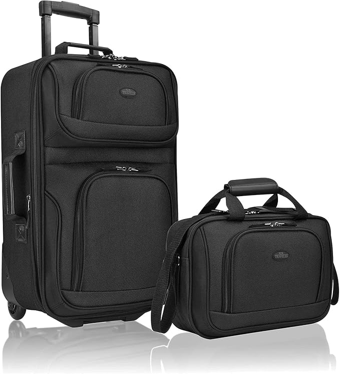 U.S. Traveler Rio Fabric Expandable Carry-on Luggage, Rolling Suitcase, Black, 2 Wheel Set