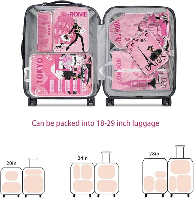 Compression Packing Cubes for Travel, 6 Set Pink Fashion Luxury Girly Luggage Organizers, Lightweight Waterproof Expandable/Compression Bags Smell Proof Travel Packing Cubes for Suitcases