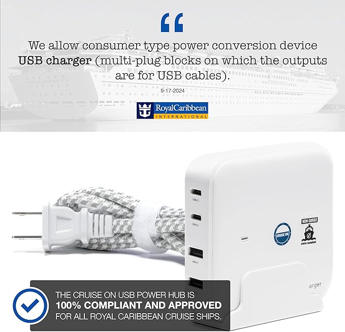 Cruise Approved Power Strip (Royal Caribbean, Disney & More) - Non Surge USB Charger [2 USB, 2 USB-C] 4 Port Charging Station, 3.8 ft Cord for iPhone, iPad, Laptops, More - Cruise Ship Essentials