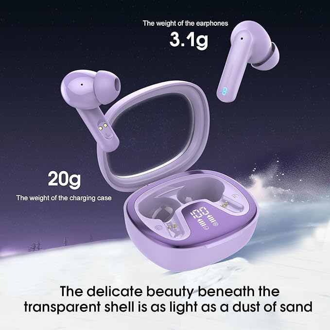 Wireless Earbuds, Bluetooth 5.4 Headphones, HiFi Stereo Bass Ear Buds, in Ear Earbuds with 4 ENC Noise Cancelling Mic, 45H, LED Display, IP7 Waterproof, Earphones for Phone Android/iOS Sports, Purple