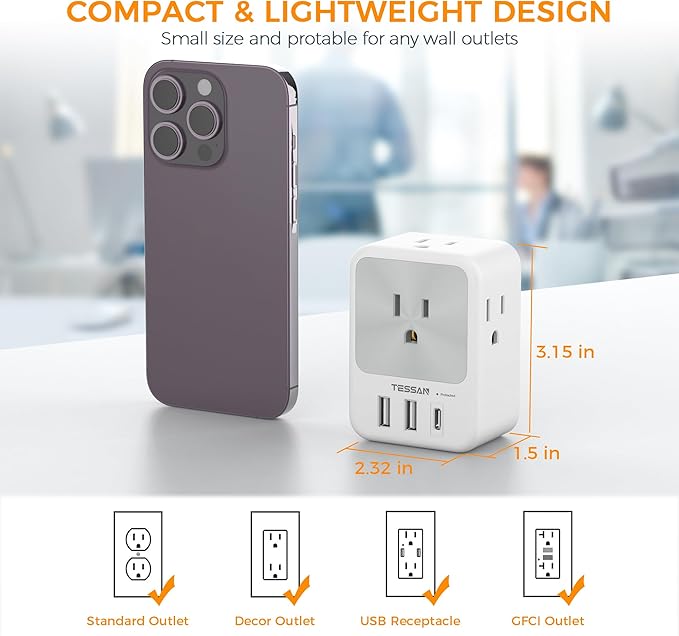 Surge Protector Wall Outlet Extender, TESSAN Multi Plug Outlet Splitter with 3 USB Charging Blocks(1 USB C), Multi Plug Wall Charger for Home, Office, School, College Dorm Essentials